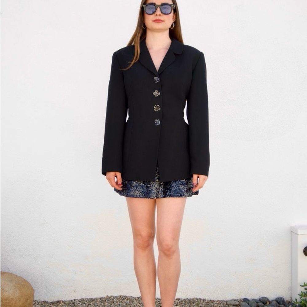 Vintage Black Women's Blazer with Statement Floral Buttons